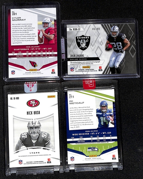 Lot of (4) 2019 Football Rookie Autographs- Playoff Kyler Murray, Phoenix Josh Jacobs Patch (#/49), Illusions Nick Bosa (#/99), Playoff DK Metcalf